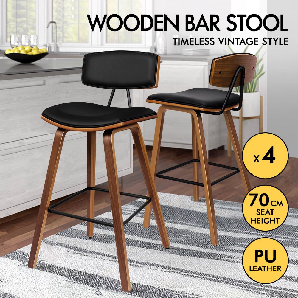 ALFORDSON 4x Wooden Bar Stools Mabel Kitchen Dining Chair Wood Vintage BLACK