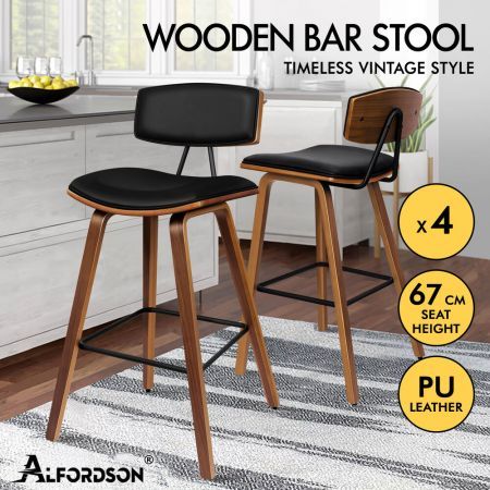 ALFORDSON 4x Wooden Bar Stools Mabel Kitchen Dining Chair Wood Vintage BLACK