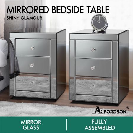 ALFORDSON 2x Mirrored Bedside Table Cabinet Nightstand Side End Table Drawers