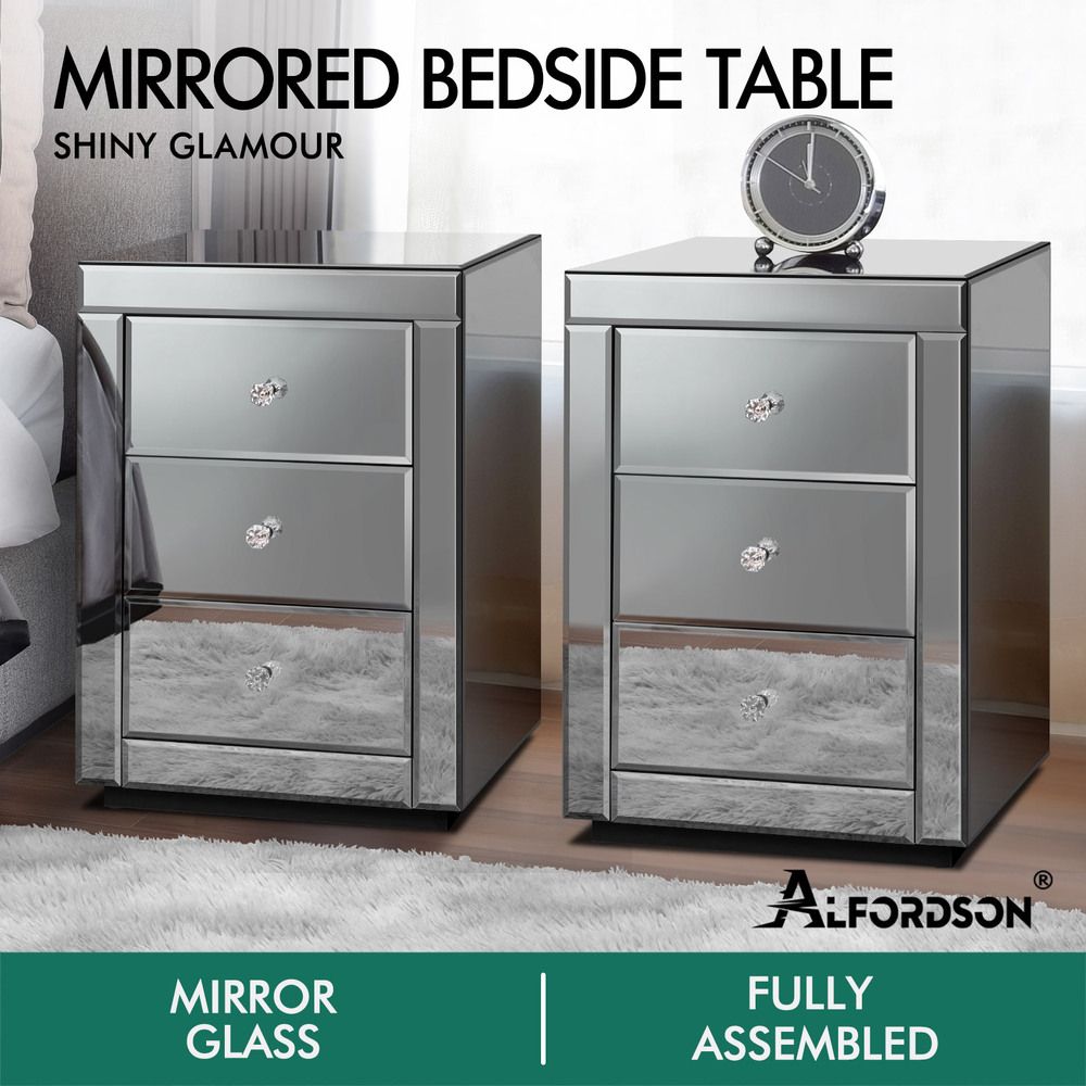 ALFORDSON 2x Mirrored Bedside Table Cabinet Nightstand Side End Table Drawers