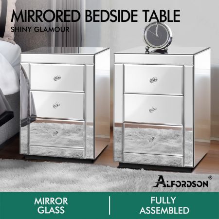 ALFORDSON 2x Mirrored Bedside Table Cabinet Nightstand Side End Table Drawers