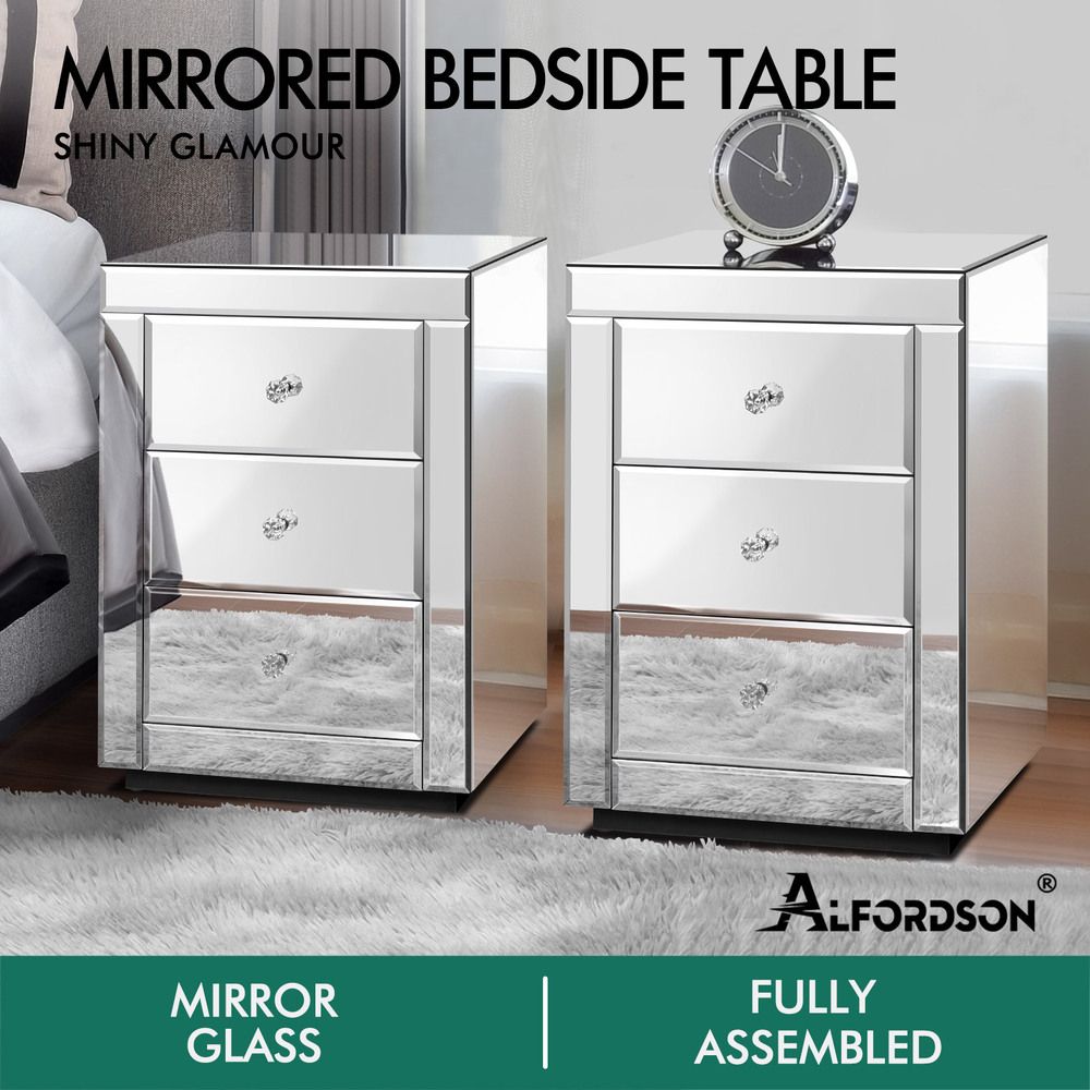 ALFORDSON 2x Mirrored Bedside Table Cabinet Nightstand Side End Table Drawers
