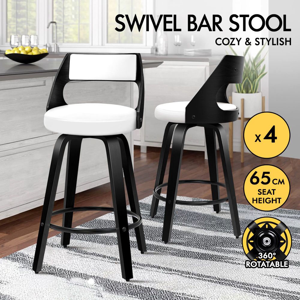 ALFORDSON 4x Swivel Bar Stools Eden Kitchen Wooden Dining Chair BLACK WHITE