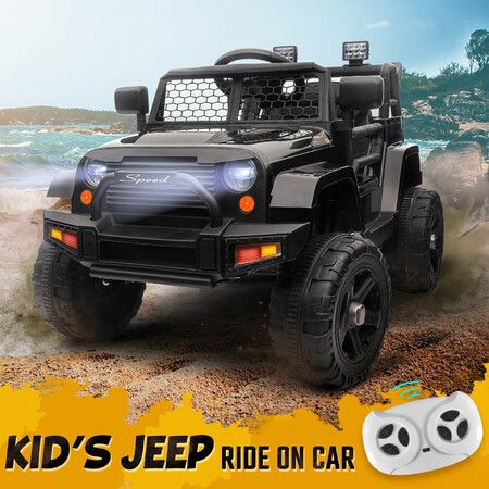 Kids Electric Car Parental Remote Control Ride On Truck Toy Jeep 12V Vehicle Spring Suspension LED AUX Port Black