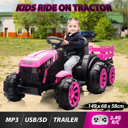 Kids Electric Cars Ride On Toy Tractor Trailer Vehicle Parental Remote Control Pink 12V Battery MP3 Safety Belt LED Light