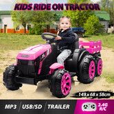 Kids Electric Cars Ride On Toy Tractor Trailer Vehicle Parental Remote Control Pink 12V Battery MP3 Safety Belt LED Light