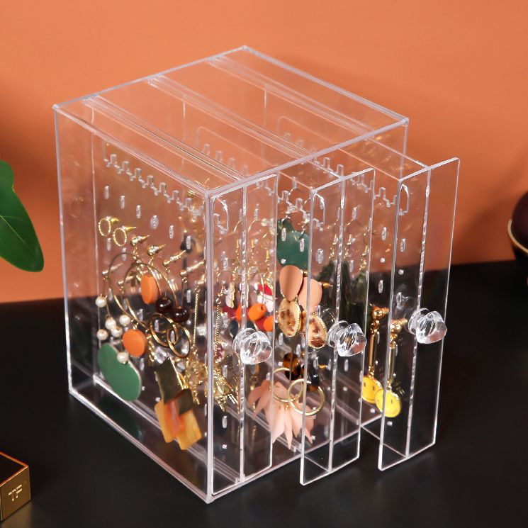 Acrylic Jewelry Storage Box Earring Display Stand Organizer Holder with 3 Vertical Drawer (Transparent)