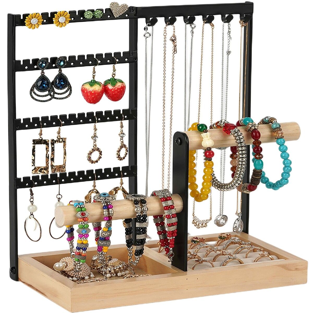 Jewelry Organizer Stand 4 Tier Jewelry Display Stand Holder with Wood Base Tray & Jewelry Storage Tower, for Necklace Bracelet Rings Watches, (Black)