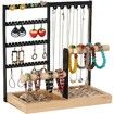 Jewelry Organizer Stand 4 Tier Jewelry Display Stand Holder with Wood Base Tray & Jewelry Storage Tower, for Necklace Bracelet Rings Watches, (Black)