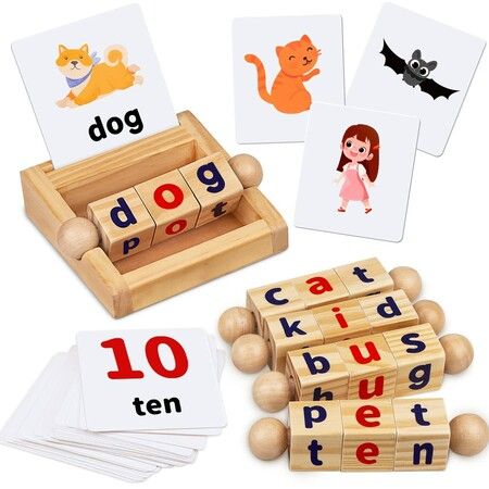 Montessori Wooden Reading Blocks Flash Cards Short Vowel Letters Educational Alphabet Learning Toys for Preschool Boys Girls Toys