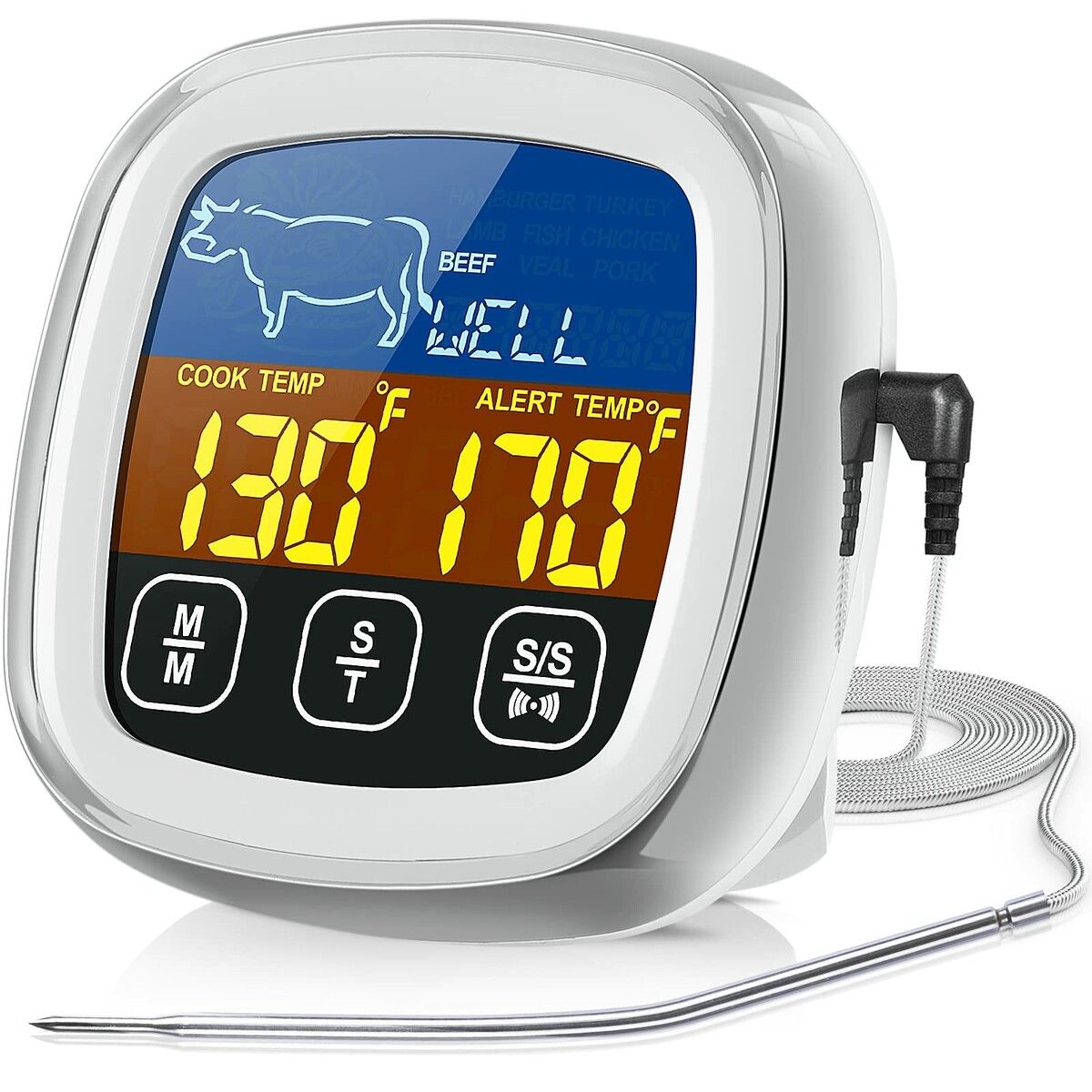 Digital Meat Thermometer for Cooking Touchscreen LCD Large Display Kitchen Timer for BBQ Oven-White