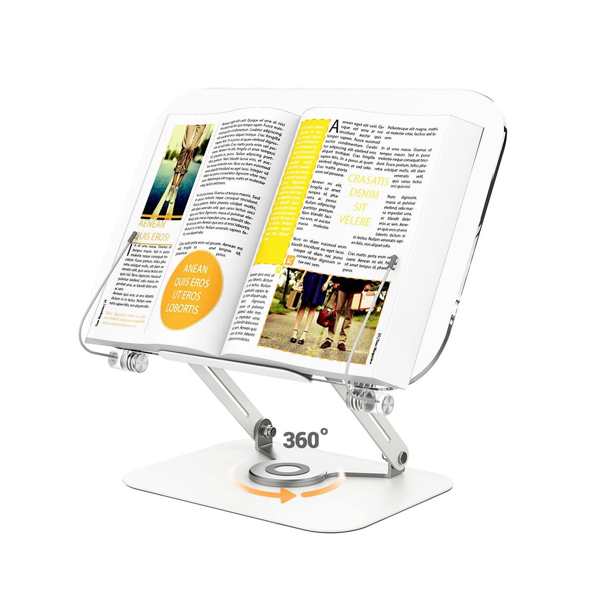 Book Stand for Reading,Adjustable Holder with 360°Rotating Base & Page Clips,Foldable Desktop Ricer for displaying Cookbook,Sheet Music,Laptop,Recipe,Textbook,Hands Free,Aluminium