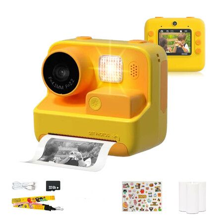 Digital Video Camera Instant Print 48 Mega Pixels 1080P Resolution HD for Kids with 32GB SD Card(Yellow)