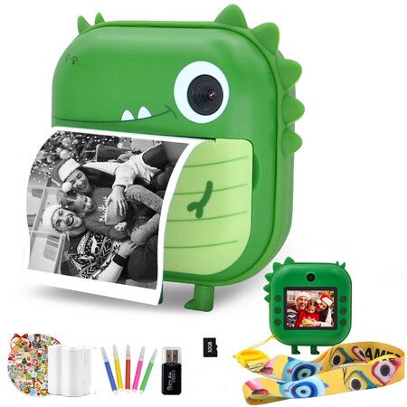 Digital Instant Print Camera for Kids Zero with Print Paper Selfie Video with HD 1080P 2.4 Inch IPS Screen-Green