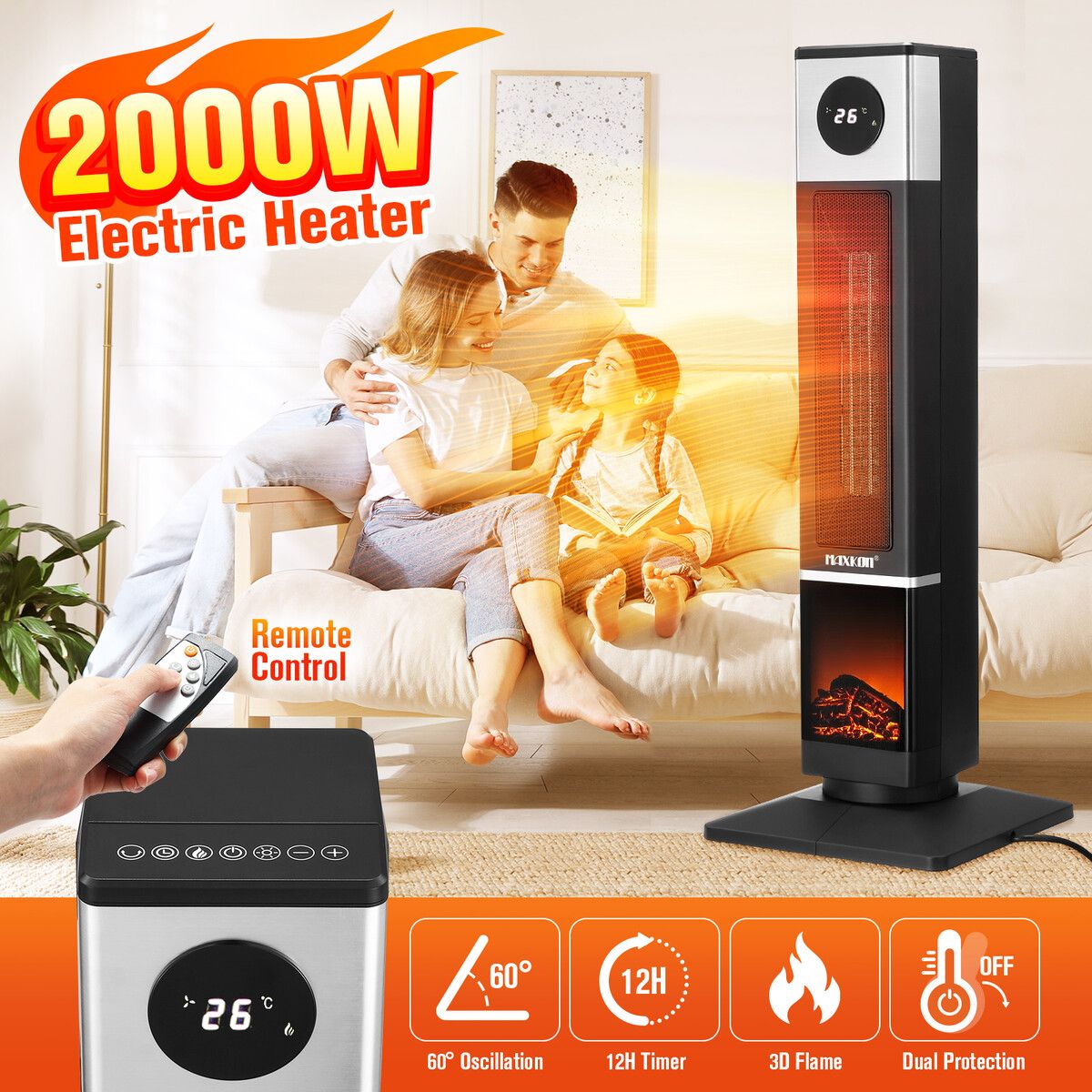 2000W Electric Heater Tower Energy Efficient Space Portable Indoor Fireplace Instant Warmer Oscillating Cooling Fan Bedroom Remote Maxkon