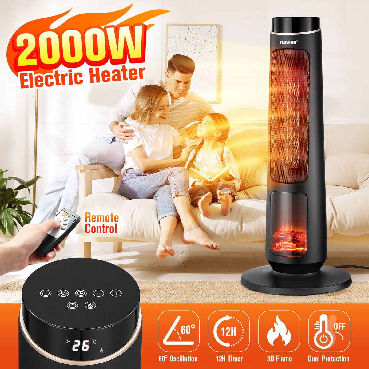 2000W Electric Heater Space Tower Room Indoor Energy Efficient Portable Fireplace Instant Oscillating Warmer Cooling Fan Remote Maxkon