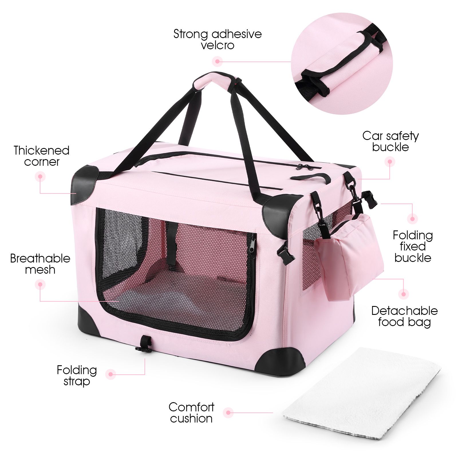 Soft Dog Crate Kennel Pet Cage Cat Travel Carrier Puppy Carry Bag Foldable Portable Medium Size Pink