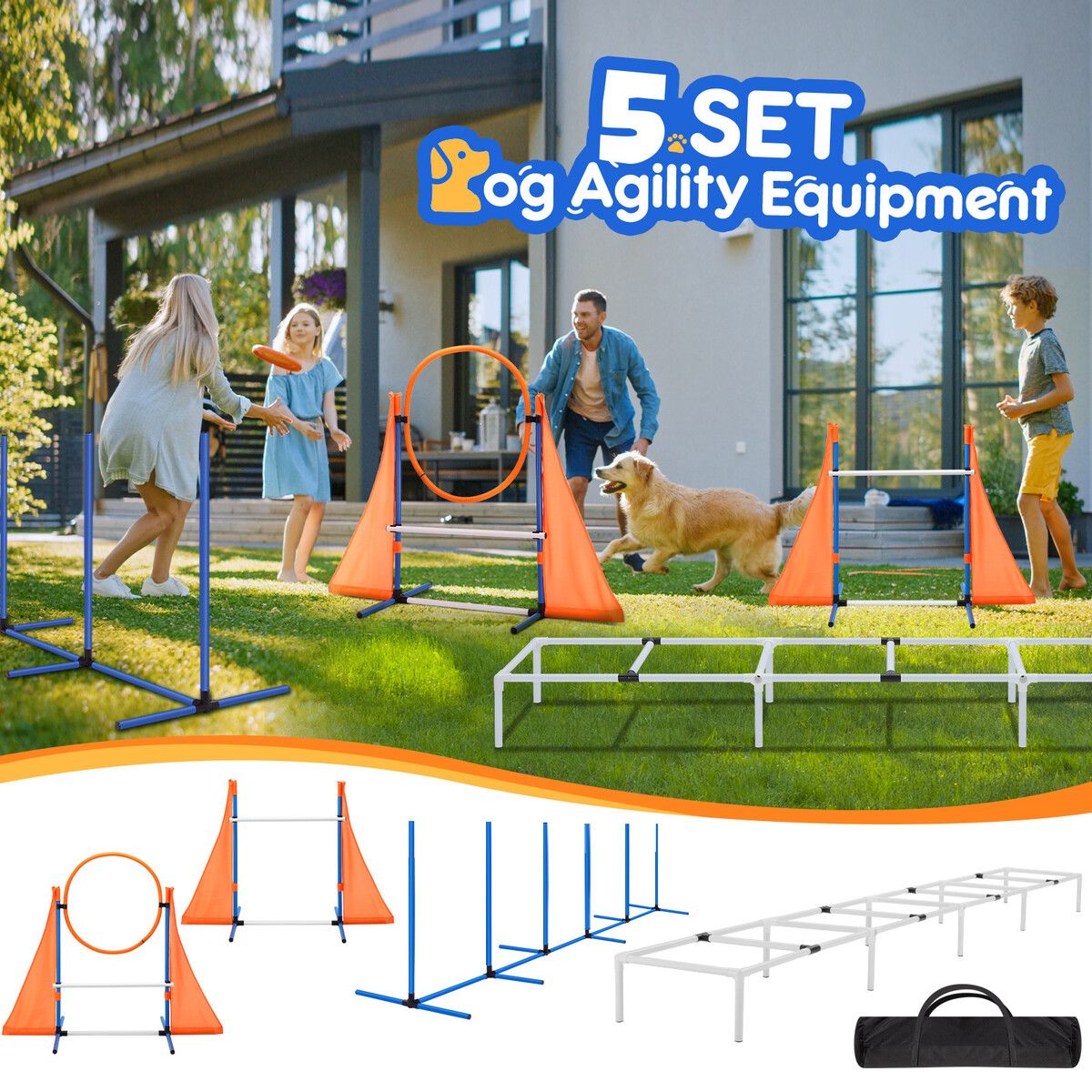 Dog Agility Training Equipment 5 Set Pet Obstacle Course Sports Exercise Kit Ladder Weave Poles Jump Bar Hurdle Ring Hoop Carry Bag