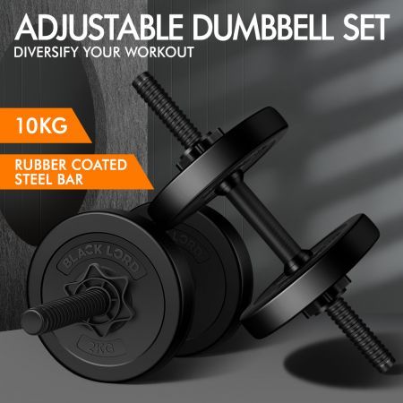 BLACK LORD 10KG Adjustable Dumbbell Set Rubber Weight Plates Lifting Bench Black