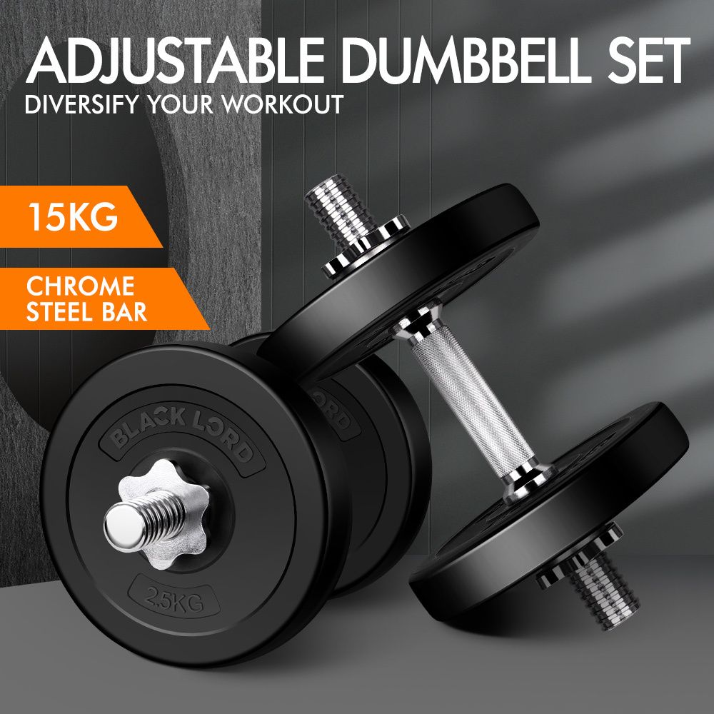 BLACK LORD 15KG Adjustable Dumbbell Set Rubber Weight Plates Bench Lifting Gym