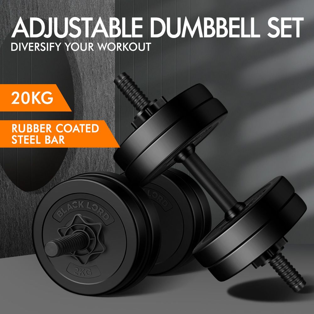 BLACK LORD 20KG Adjustable Dumbbell Set Rubber Weight Plates Lifting Bench