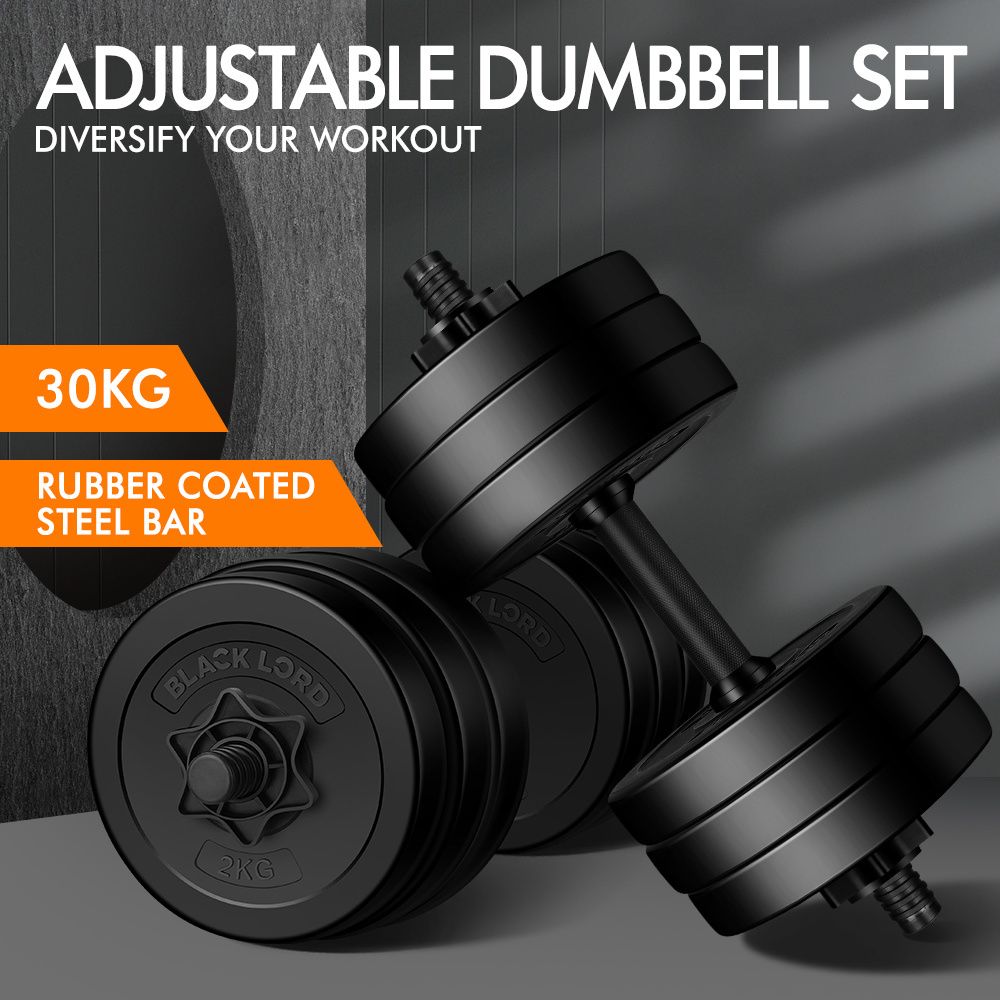 BLACK LORD 30KG Adjustable Dumbbell Set Rubber Weight Plates Lifting Bench Black