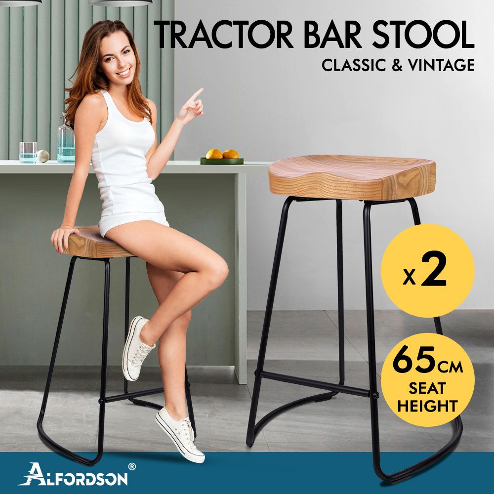 ALFORDSON 2x Bar Stools 65cm Tractor Kitchen Wooden Vintage Chair Natural