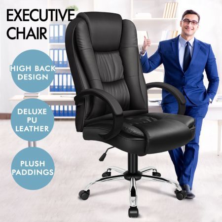 ALFORDSON Executive Office Chair PU Leather Computer Gaming Racer Black Seat