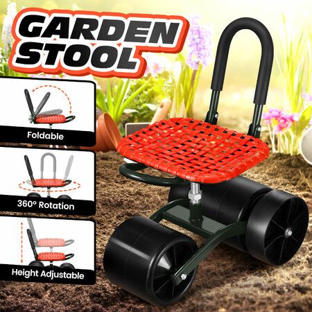 Gardening Work Stool Rolling Seat with Wheels Height Adjustable Folding 360 Degree Rotate Home Yard Weeding Helper Farm Cart Red