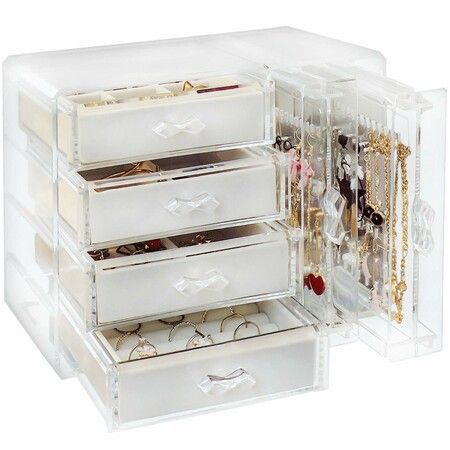 Acrylic Jewelry Organizer Box Earring Holder Jewelry Hanging Boxes with 4 Velvet Drawers Display Case Gift for Women, Girls