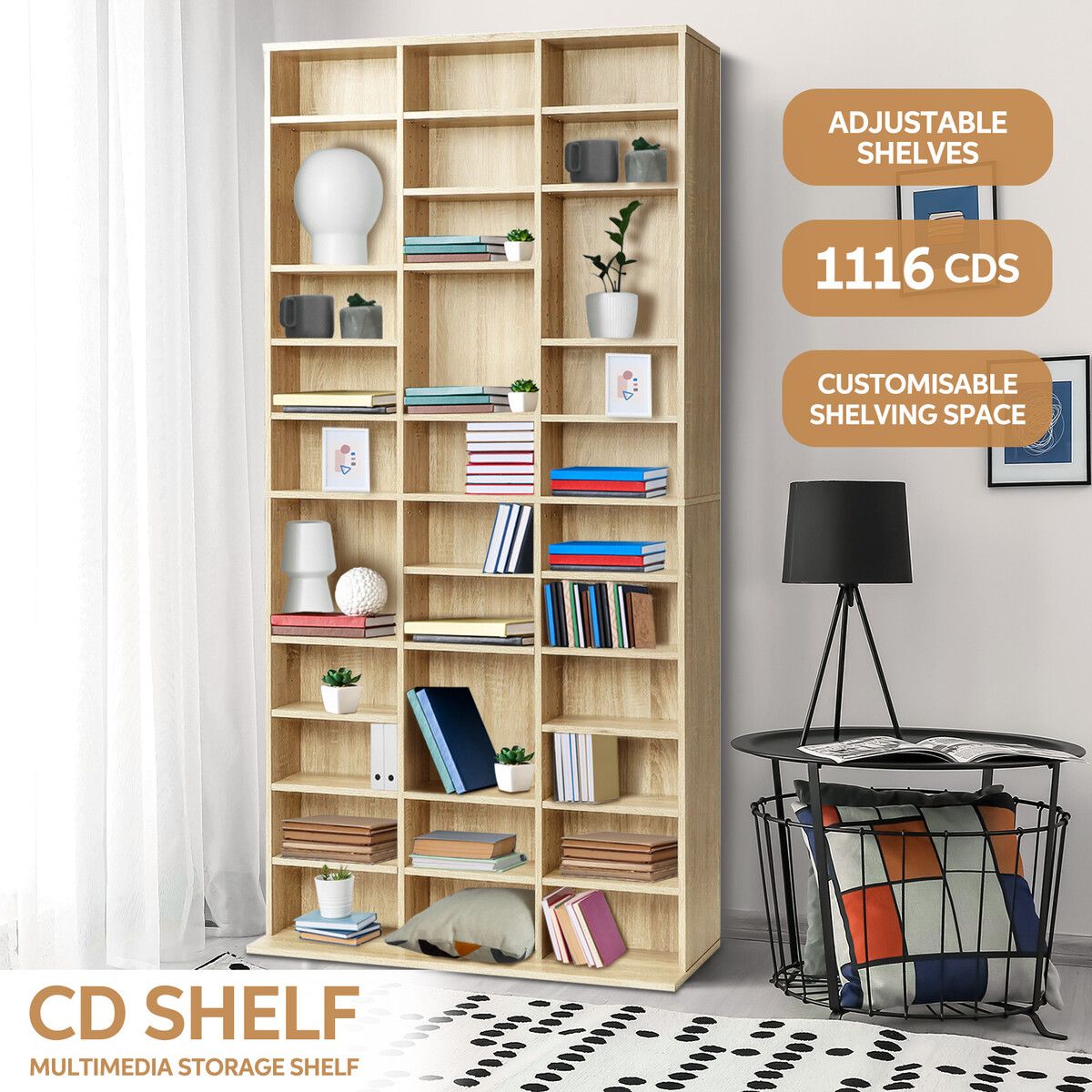 DVD CD Shelf Media Storage Cabinet Bookshelf Display Movie Music Video Game Rack Tower Stand Collection Organsier Cupboard Unit Oak