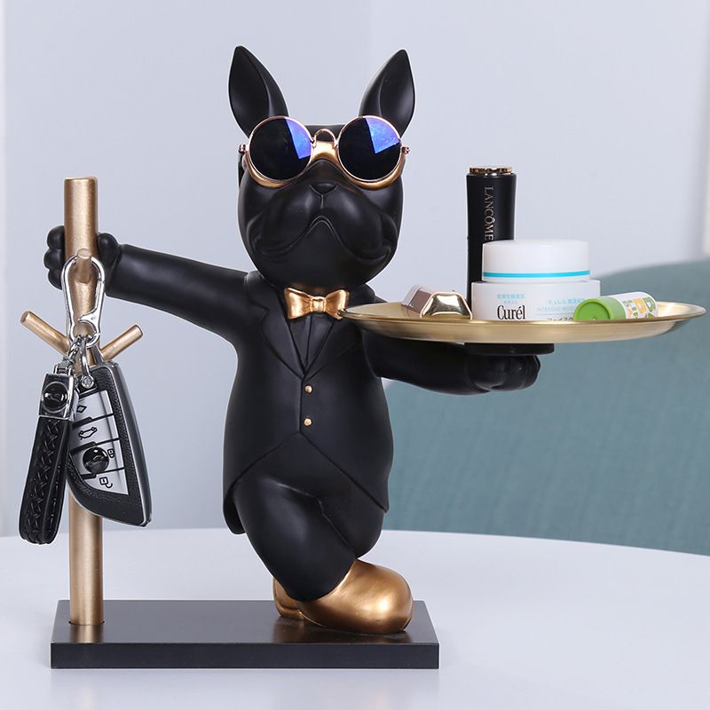 Modern Bulldog Statue with Tray Candy Dish Desk Organizer Ornament for Living Room Tabletop Home Decoration-Black