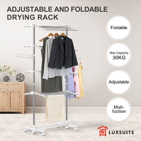 4 Tier Clothes Airer Clothing Drying Rack Cloth Coat Pants Hanger Portable Standing Foldable Laundry Holder Stand with Shelves and Wheels