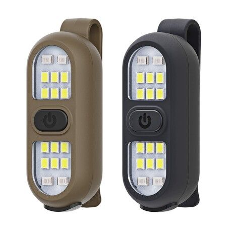 Clip on Flashlight Running Light Rechargeable LED Work Light Warning Flashing for Camping Hiking(2 Pack-Black+Khaki)