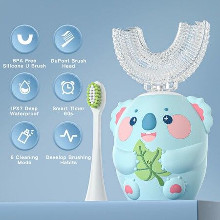 Kids U Shaped Electric Toothbrush with 2 Brush Head,Cartoon Koala Auto Sonic Toothbrush for Children Age 2-7,360° Full Mouth Cleaning