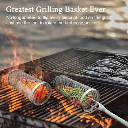 BBQ Rolling Grill Basket,  Portable Stainless Steel BBQ Accessories, Outdoor Round Barbecue Grill Grate, BBQ Tools Camping Picnic Cookware Perfect For Grilling