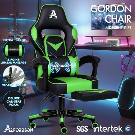 ALFORDSON Gaming Chair with Lumbar Massage Racing Office Gordon - Black & Green