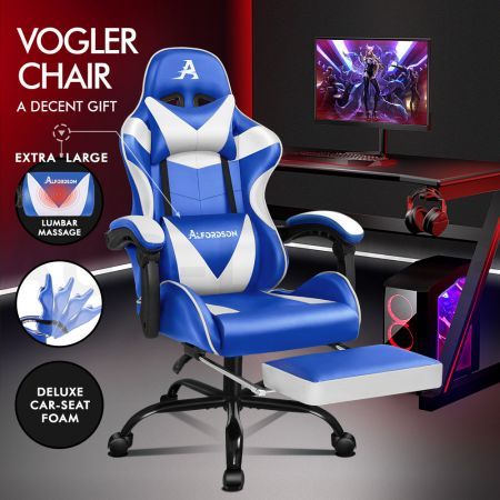 ALFORDSON Gaming Chair Office Executive Racing Footrest Seat Leather Blue White