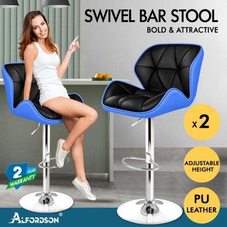 ALFORDSON 2x Bar Stools Willa Kitchen Gas Lift Swivel Chair Leather BLUE