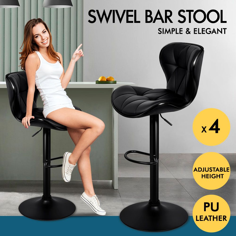 ALFORDSON 4x Bar Stools Luna Kitchen Swivel chair Leather Gas lift BLACK