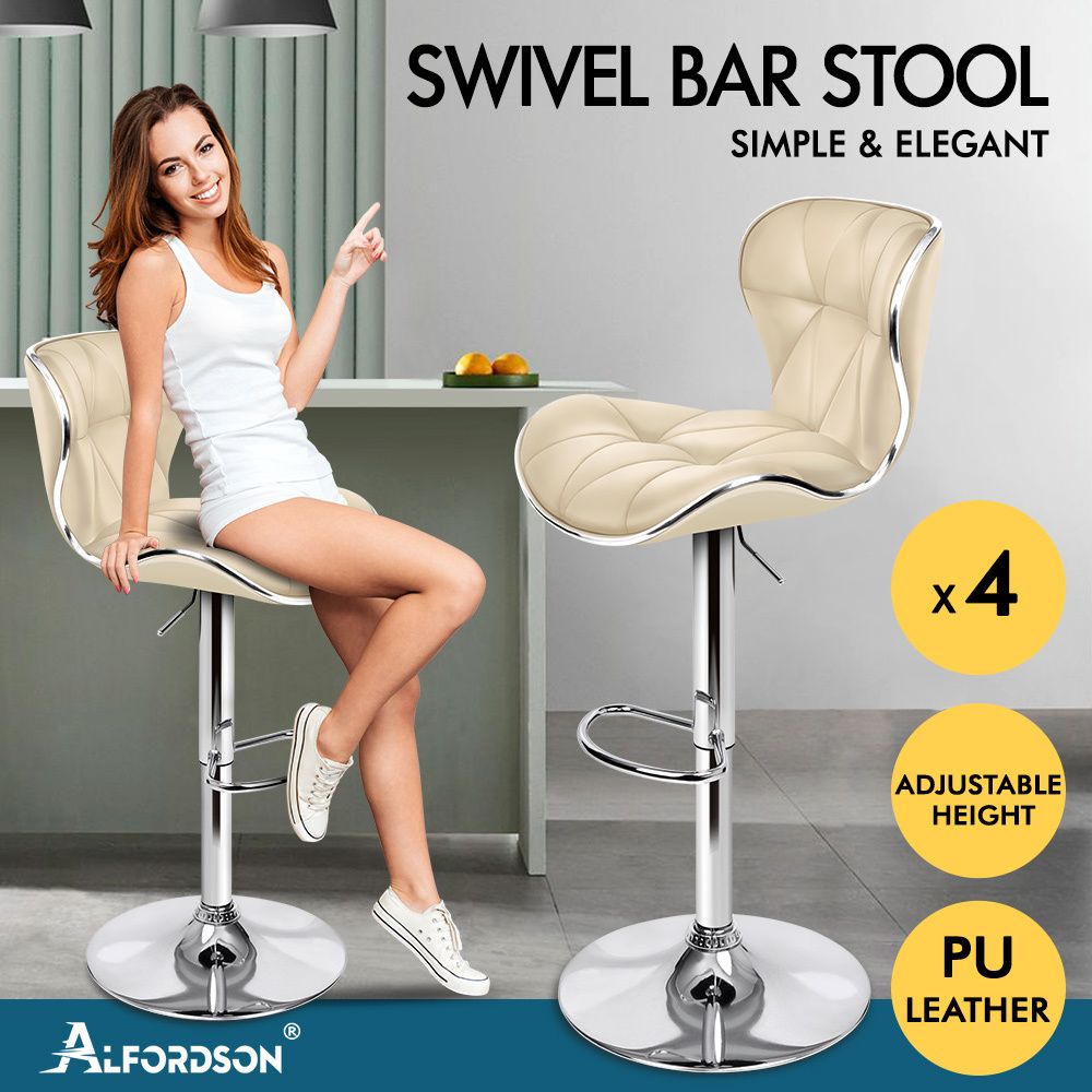 ALFORDSON 4x Bar Stools Luna Kitchen Swivel chair Leather Gas lift BEIGE