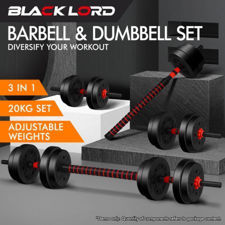 BLACK LORD 20kg Dumbbell Set 4in1 Adjustable Barbell Weight Home Gym Fitness