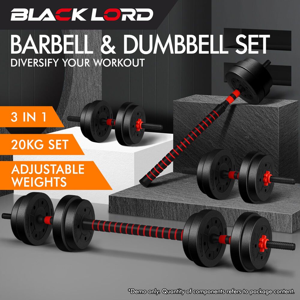 BLACK LORD 20kg Dumbbell Set 4in1 Adjustable Barbell Weight Home Gym Fitness