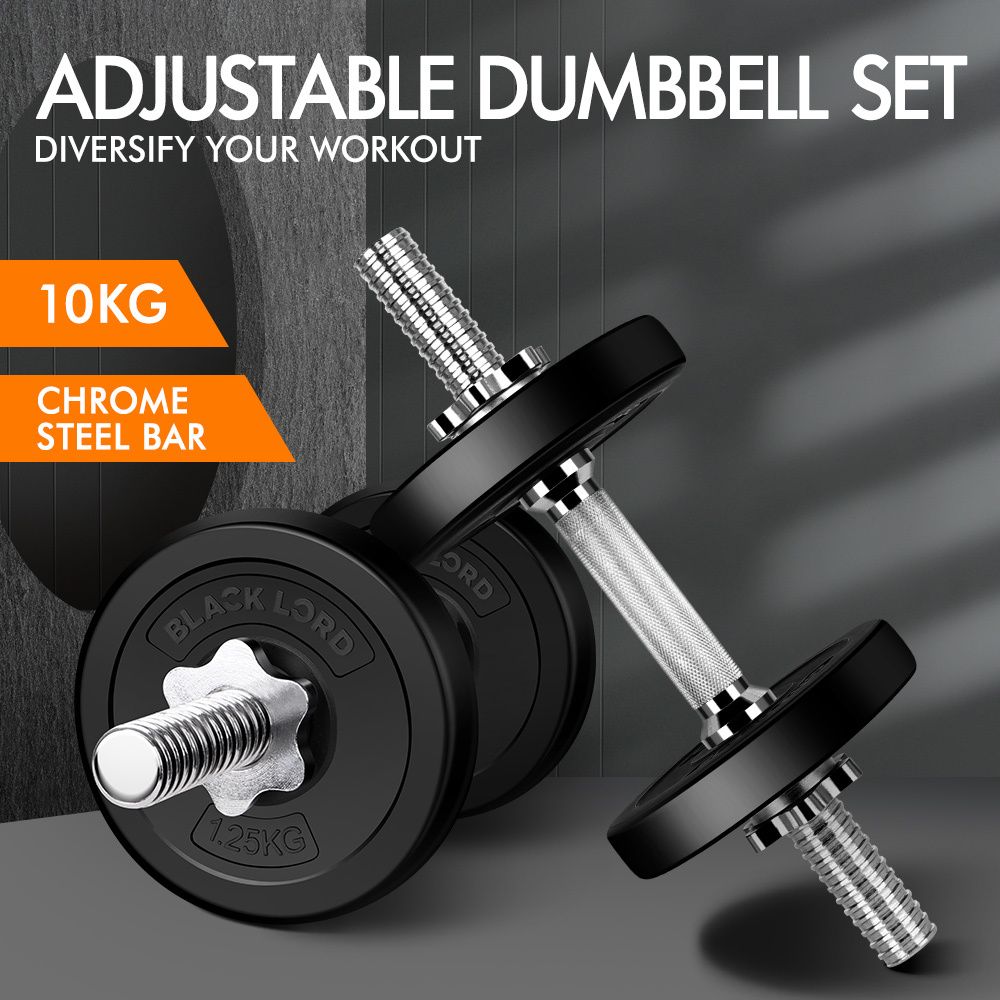 BLACK LORD 10KG Adjustable Dumbbell Set Rubber Weight Plates Lifting Bench