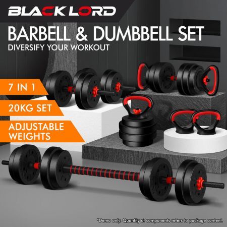 BLACK LORD 20kg Dumbbell Set 7in1 Adjustable Barbell Kettlebell Home Gym Fitness