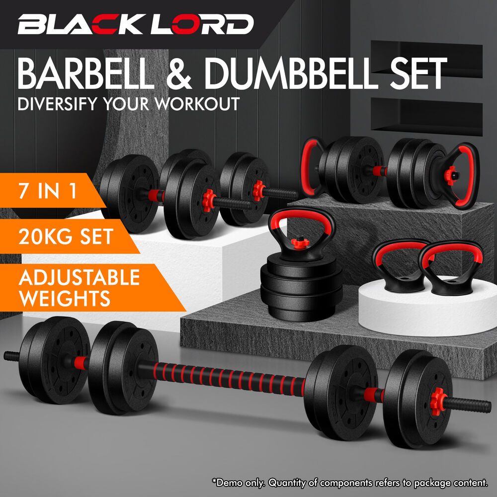 BLACK LORD 20kg Dumbbell Set 7in1 Adjustable Barbell Kettlebell Home Gym Fitness