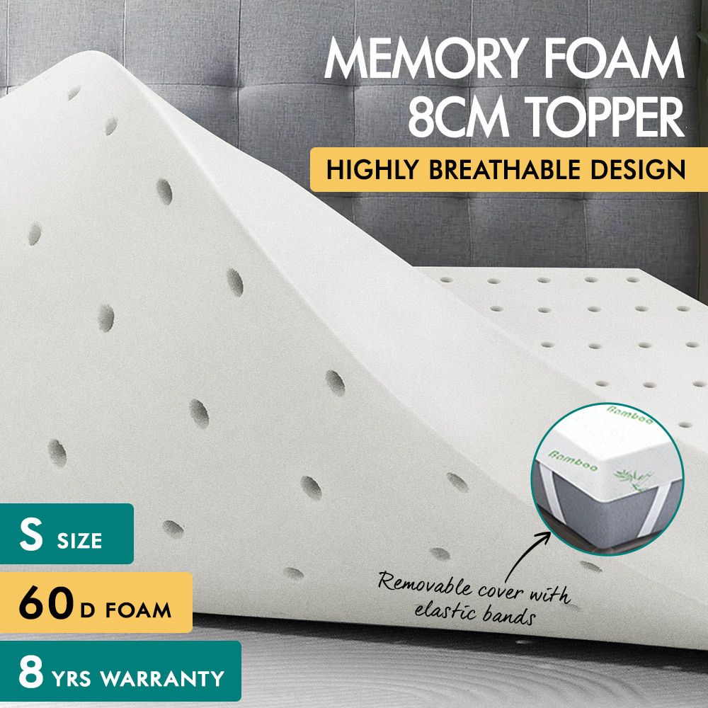 S.E. Memory Foam Topper Ventilated Mattress Bed Bamboo Cover Underlay 8cm Single