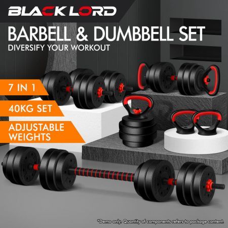 BLACK LORD 40kg Dumbbell Set 7in1 Adjustable Barbell Kettlebell Home Gym Fitness