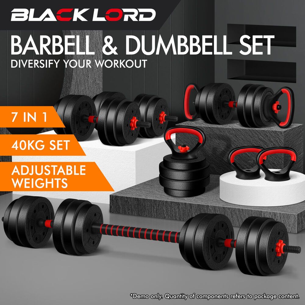 BLACK LORD 40kg Dumbbell Set 7in1 Adjustable Barbell Kettlebell Home Gym Fitness