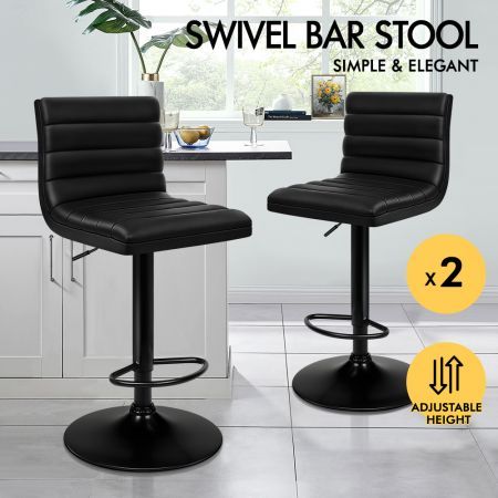ALFORDSON 2x Bar Stools Ruel Kitchen Swivel Chair Leather Gas Lift ALL BLACK